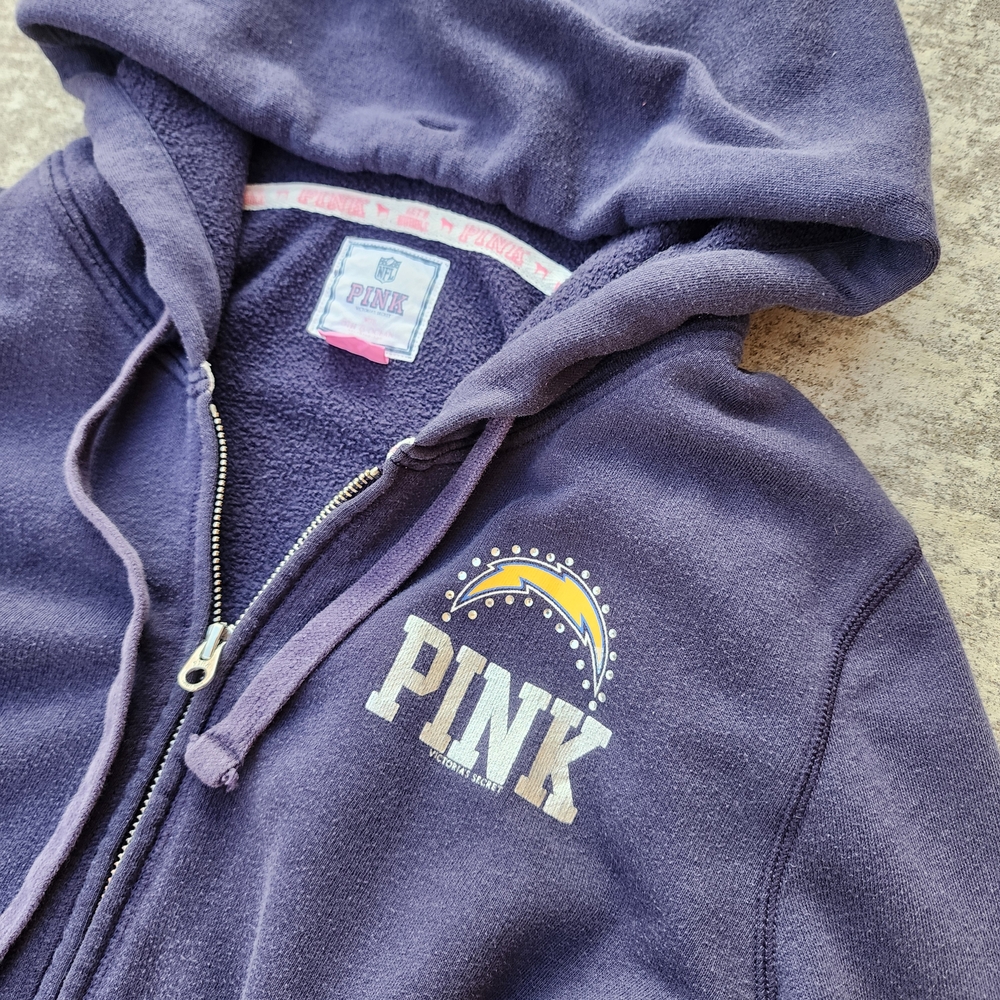 PINK Victoria's Secret Y2K Chargers Bling Logo Full Zip Hoodie Blue Jacket, Sz L - Picture 6 of 8